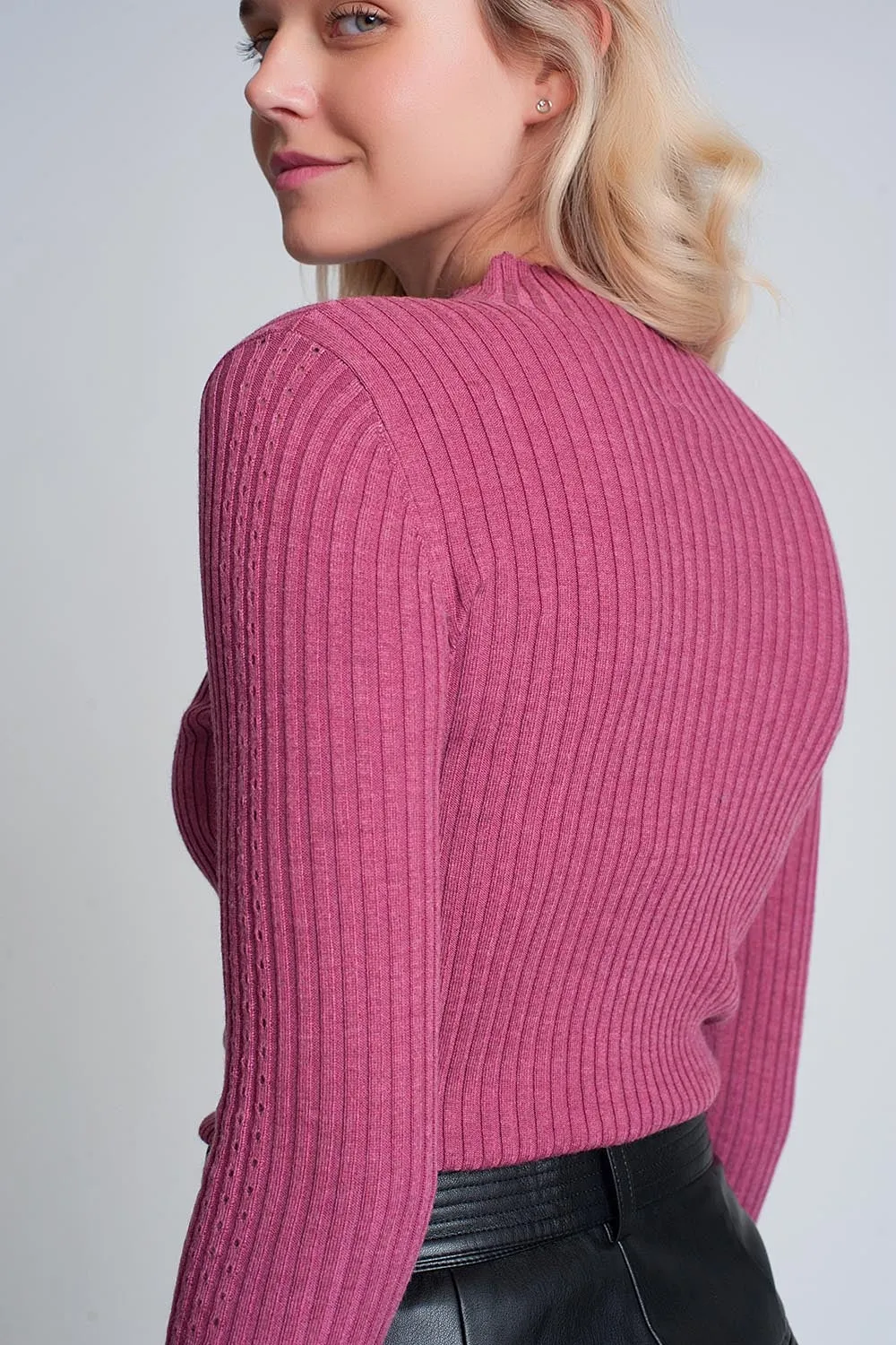 Fine gauge high neck sweater in fuchsia