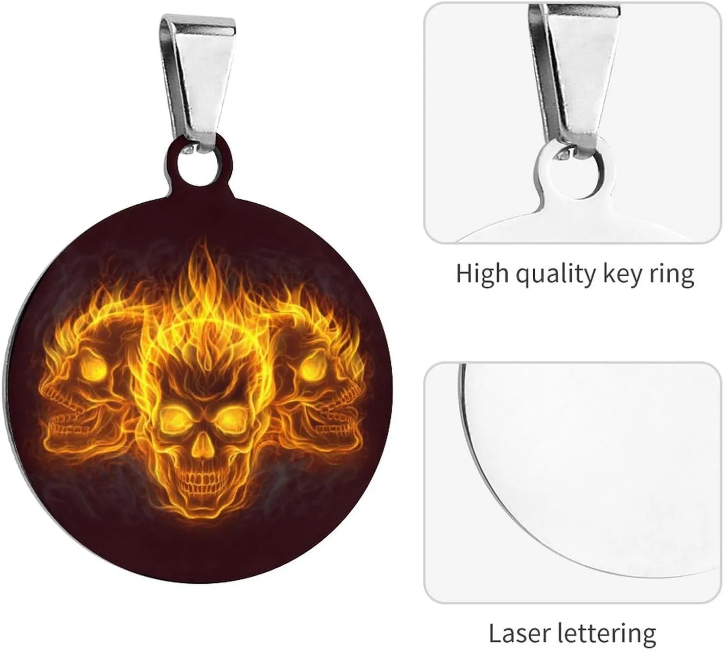 Flaming Human Skulls Head Pet ID Tags Personalized Stainless Steel Dog and Cat Tags Cute Collar Tag Circular