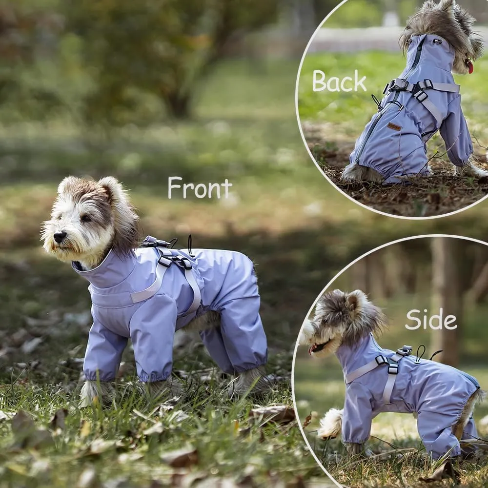 Four Legged Dog Raincoat for Small Medium Dogs, Four Legs Waterproof Dog Rain Coat with Harness Built in, Puppy Rain Jacket with Back Zipper for Easy Dressing (Purple, M)