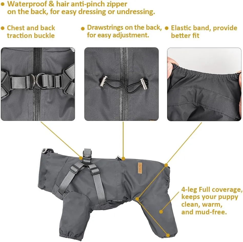 Four-Legged Full Coverage Dog Raincoat for Small Medium Dogs, Waterproof Dog Rain Coat with Harness Built in, 4-Legs Dog rain Jacket with Reflective Strip, Adjustable Puppy Waterproof Clothes (M)