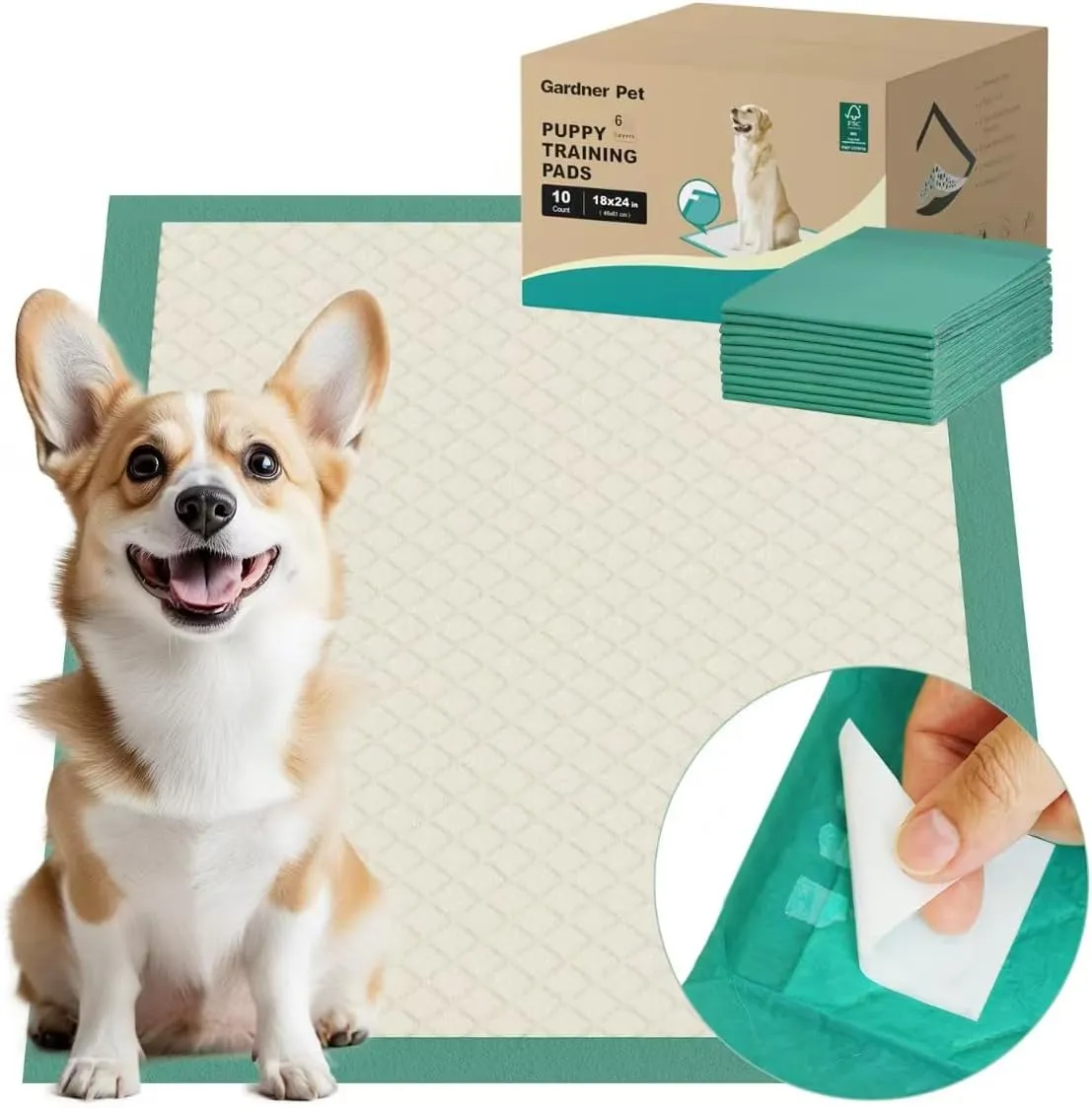 Gardner Pet Puppy Pee Pads Large 18"x24", 10 Count, Dog Pee Pads with Adhesive Sticky Tape, Max Absorbency, Leak Prevention Disposable Training Bed Pad for Doggie, Cats, Rabbits, Crate/Cage