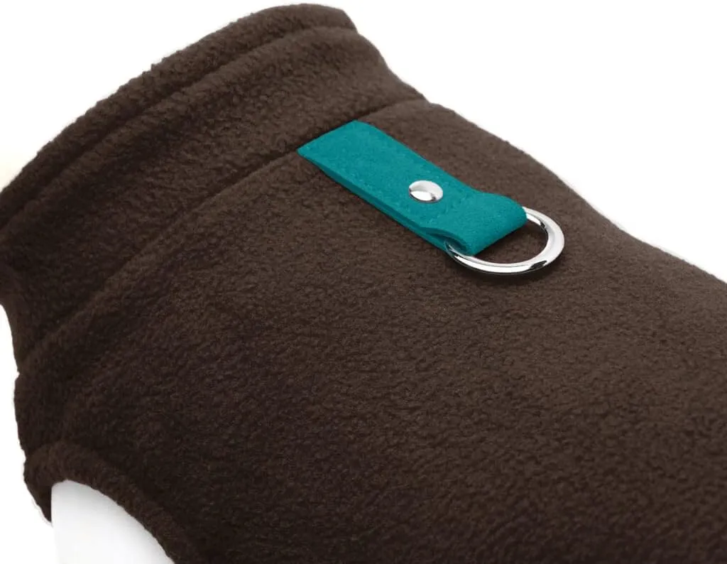 Gooby Fleece Vest Dog Sweater - Brown-Turquoise, Small - Warm Pullover Jacket with O-Ring Leash - Winter Coat for Cold Weather - Clothes for Small Dogs Boy or Girl