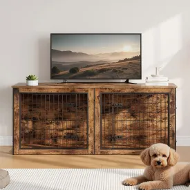 HOOBRO Dog Crate Furniture for 2 Dogs, 63" Large Double Dog Crate Furniture with Divider, Wooden Indoor Dog Kennel TV Stand for Medium Large Dogs, Rustic Brown BF55GW03