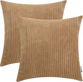 HWY 50 Brown Corduroy Throw Pillow Covers 20x20 Inch, Set of 2, Soft Cozy Decorative Cushion Cases for Couch Sofa Bed Living Room, Boho Striped Home Decor
