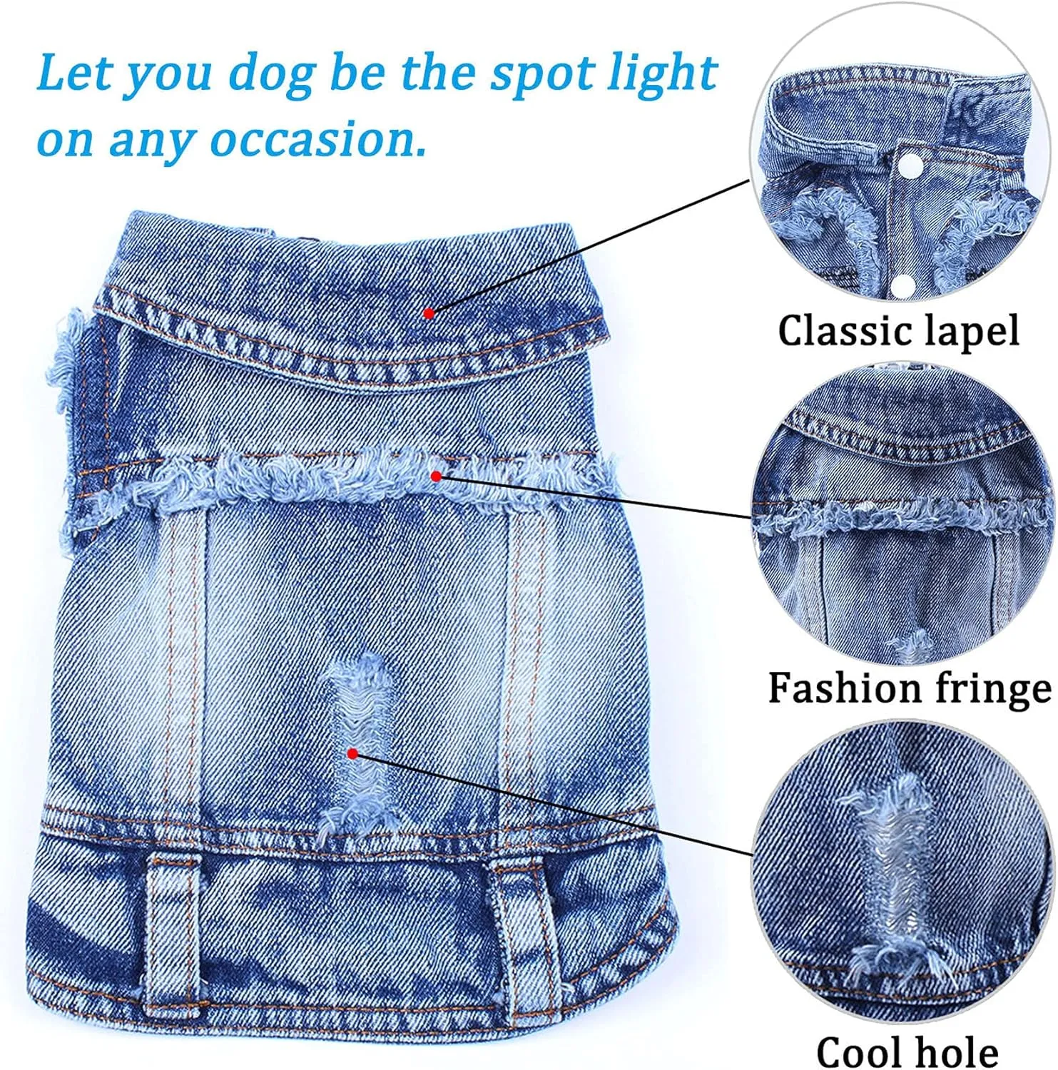 Jean Jacket, Blue Denim Lapel Vest Coat T-Shirt Costume for Small Medium Dogs Cats, Cute Girl Boy Puppy Clothes, Comfort and Cool Apparel, Machine Washable Outfits (XXL, Blue)
