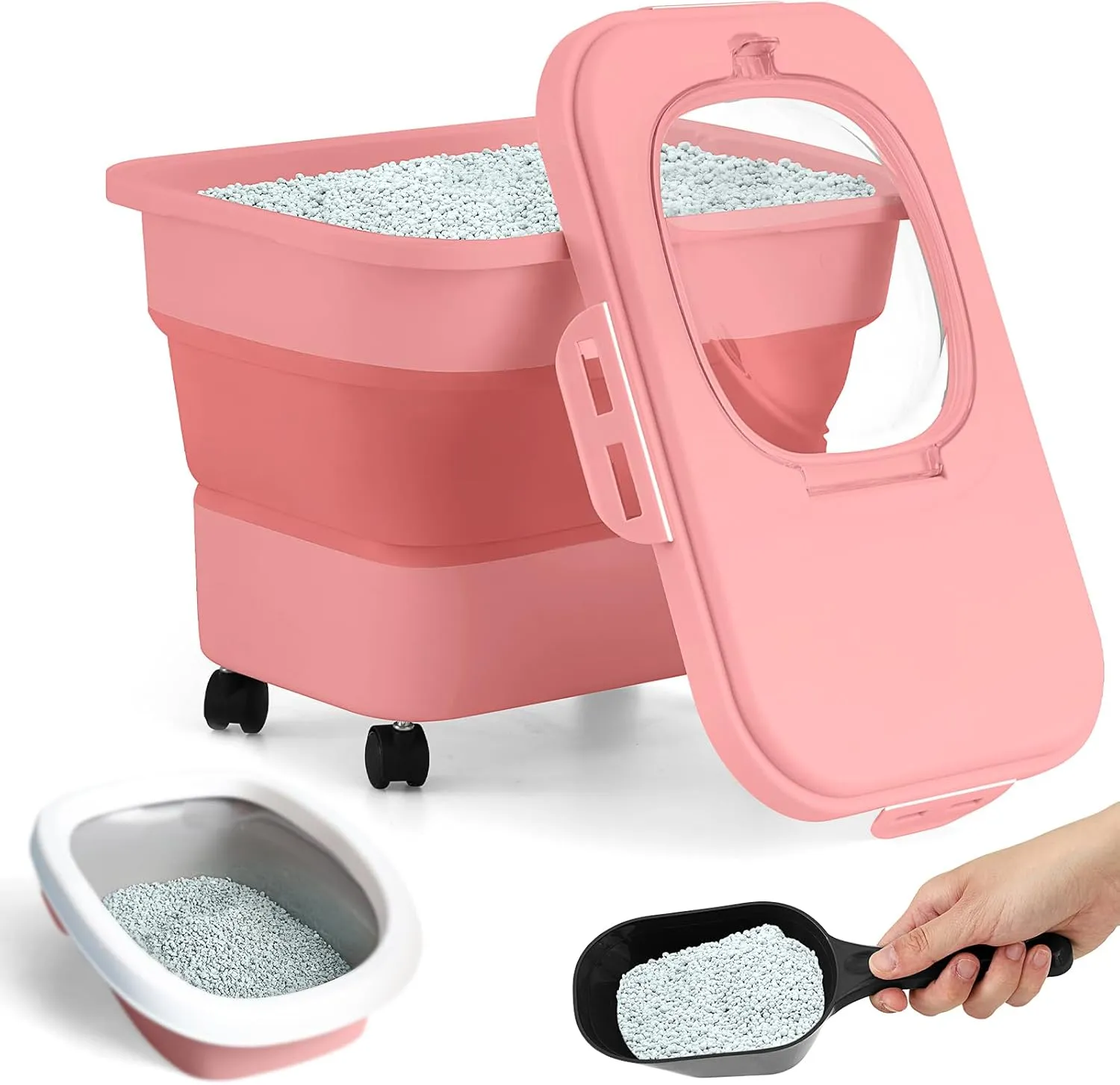 Juexica Collapsible Cat Litter Storage Bin Container with Airtight Lids, Portable Cat Litter Storage Container with Wheels, Kitchen Cereal Rice Leakproof Sealable (Red)