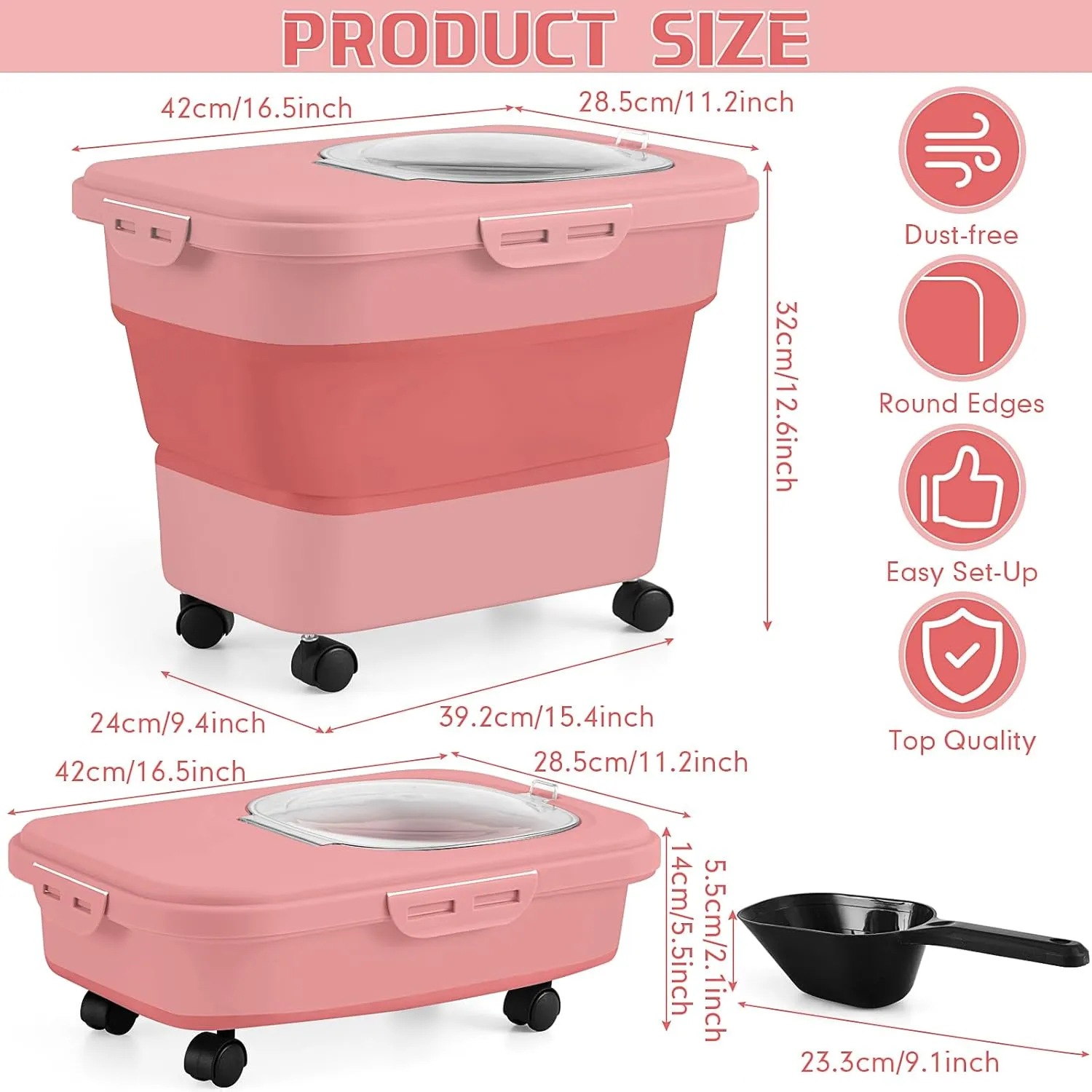 Juexica Collapsible Cat Litter Storage Bin Container with Airtight Lids, Portable Cat Litter Storage Container with Wheels, Kitchen Cereal Rice Leakproof Sealable (Red)