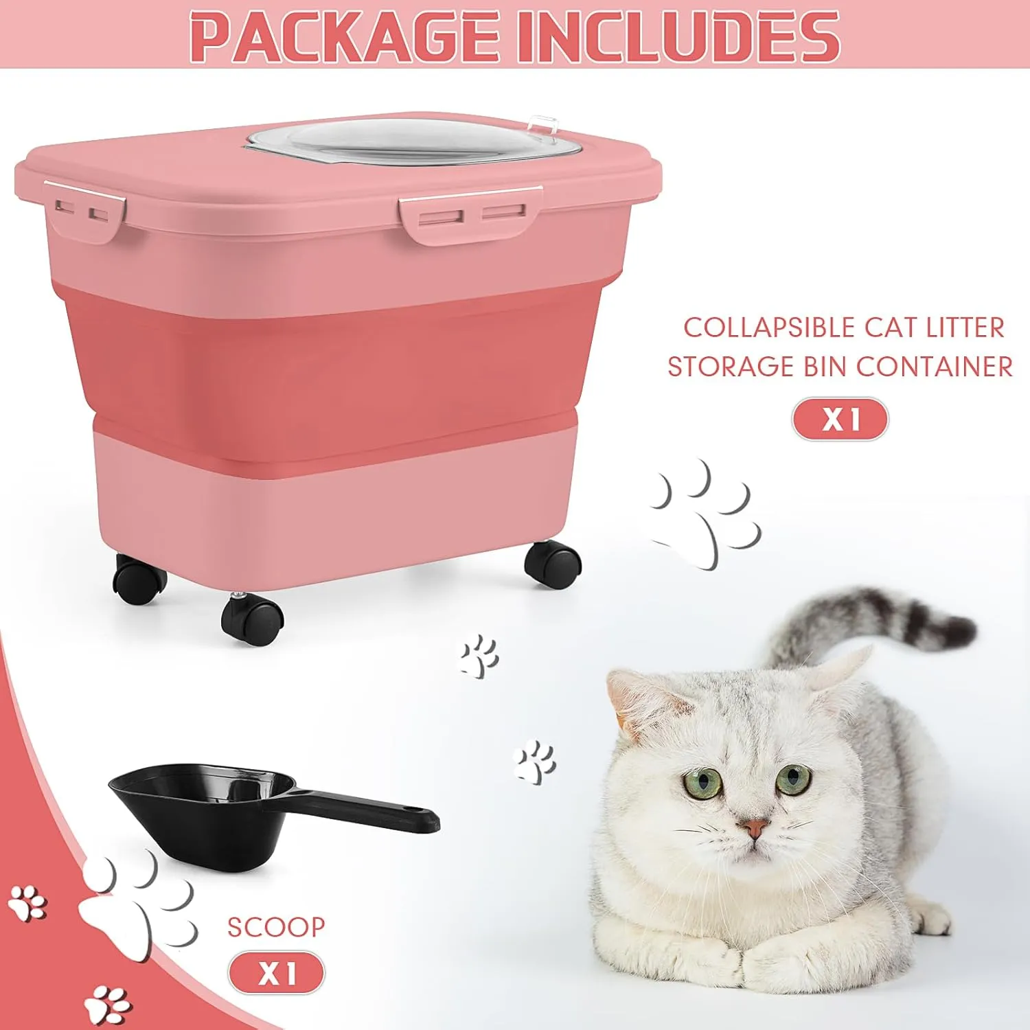 Juexica Collapsible Cat Litter Storage Bin Container with Airtight Lids, Portable Cat Litter Storage Container with Wheels, Kitchen Cereal Rice Leakproof Sealable (Red)