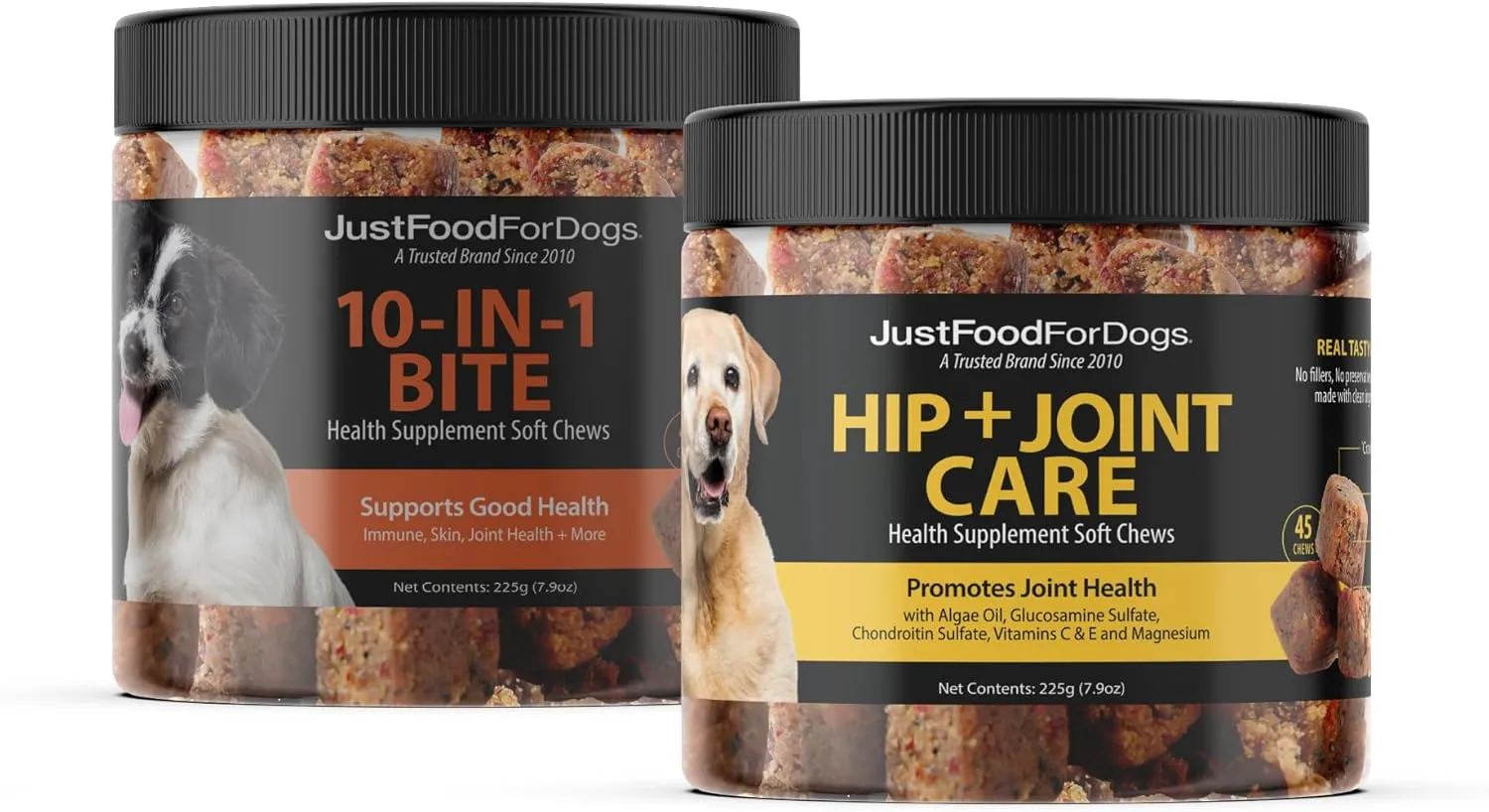 JustFoodForDogs 10-in-1 Multifunctional & Hip   Joint Supplement Soft Chews for DogsPlant-Based, Human Grade -45 Count of Each, 90 Chews Total