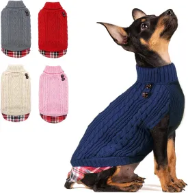 KYEESE Soft Dog Sweater for Small Dogs Male - Turtleneck Coat Pullover With Gingham Patchwork Knit - Warm Puppy Clothes