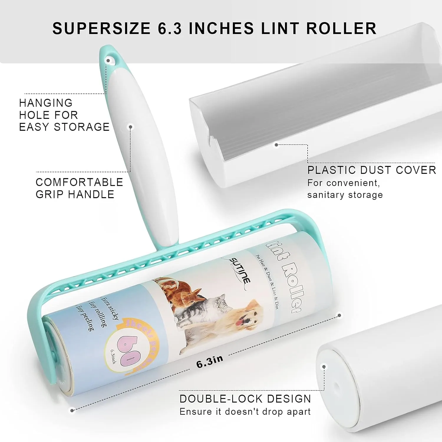 Lint Rollers for Pet Hair Extra Sticky 600 Sheets/10 Refills, SUTINE 6.3" Big Large Lint Roller Remover, Sticky Roller for Removing Lint Pet Hair Dust in Furniture/Clothes/Carpet/Car Seat,Blue