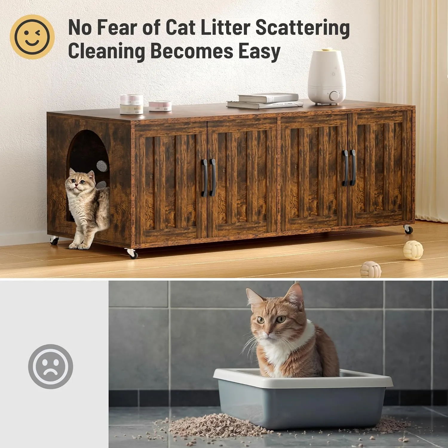 Litter Box Enclosure for 2 Cats, cat Litter Box Enclosure Furniture with Double Rooms, Large Hidden Litter Box Furniture, 47.2L x 19.7W x 19.7H, Wooden, Rustic Brown