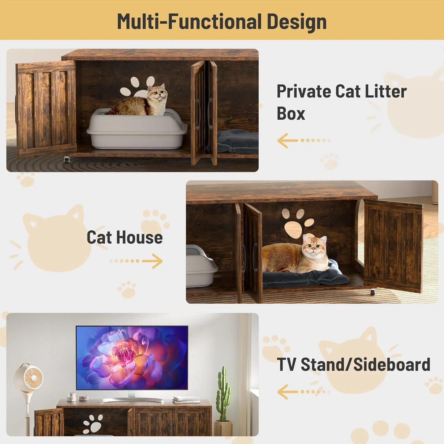 Litter Box Enclosure for 2 Cats, cat Litter Box Enclosure Furniture with Double Rooms, Large Hidden Litter Box Furniture, 47.2L x 19.7W x 19.7H, Wooden, Rustic Brown