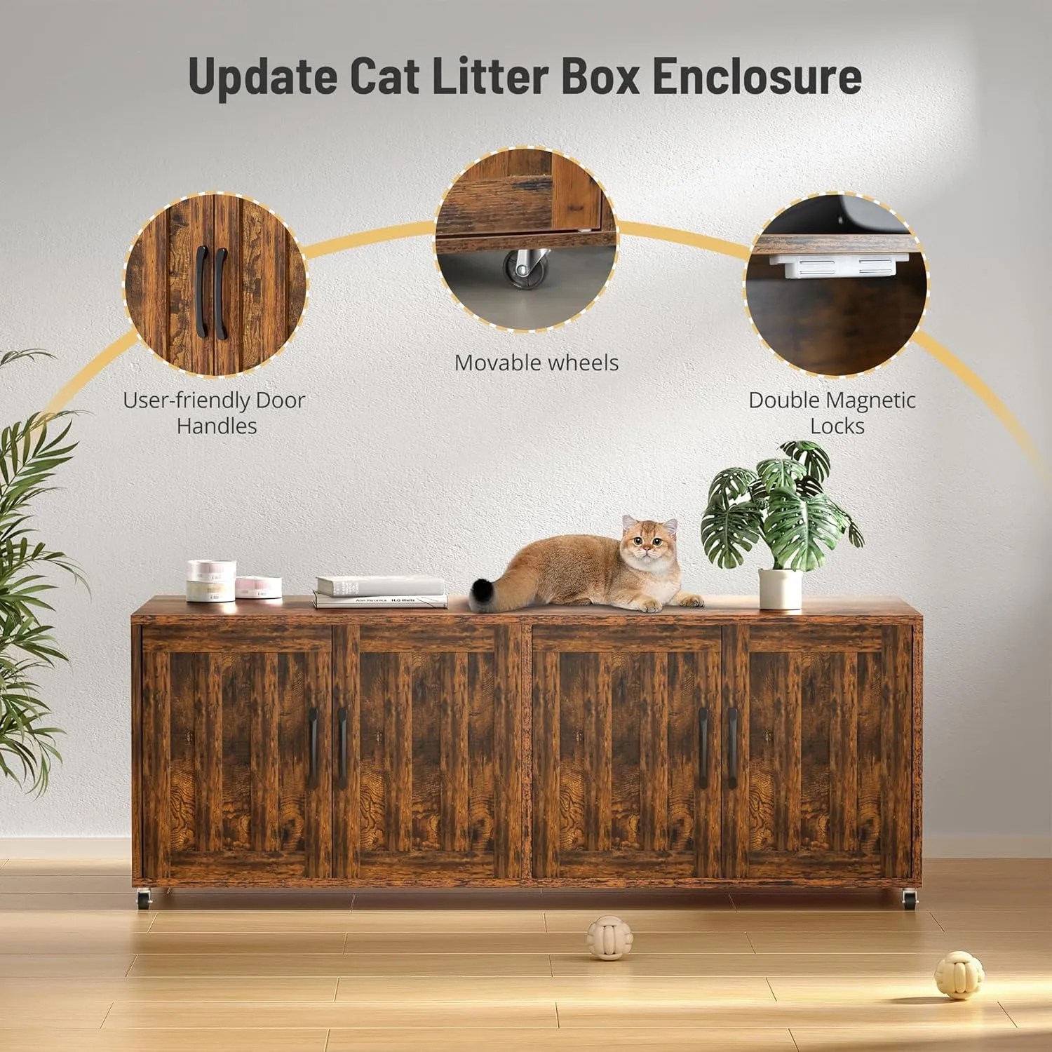 Litter Box Enclosure for 2 Cats, cat Litter Box Enclosure Furniture with Double Rooms, Large Hidden Litter Box Furniture, 47.2L x 19.7W x 19.7H, Wooden, Rustic Brown