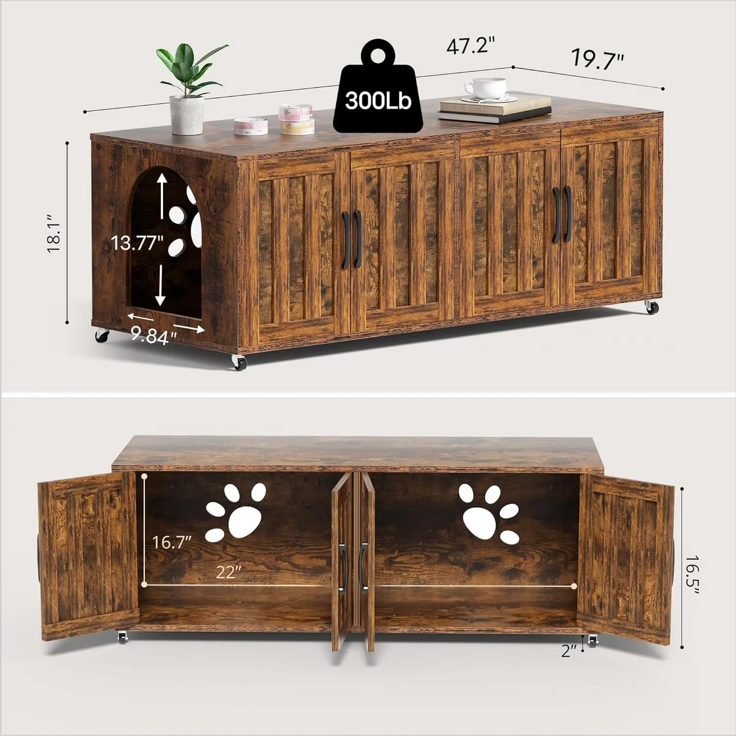 Litter Box Enclosure for 2 Cats, cat Litter Box Enclosure Furniture with Double Rooms, Large Hidden Litter Box Furniture, 47.2L x 19.7W x 19.7H, Wooden, Rustic Brown