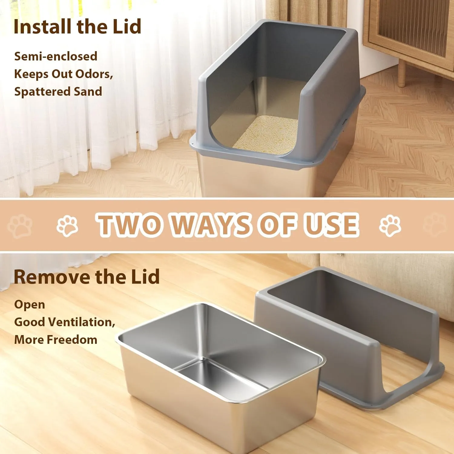 Litter Box with Lid, Large Stainless Steel Litter Box High Sides, 16" Metal Cat Litter Box, Extra Large Litter Boxes for Big Cats, Tall Cat Litter Pan, Cat Litter Tray Covered Grey, Easy Clean