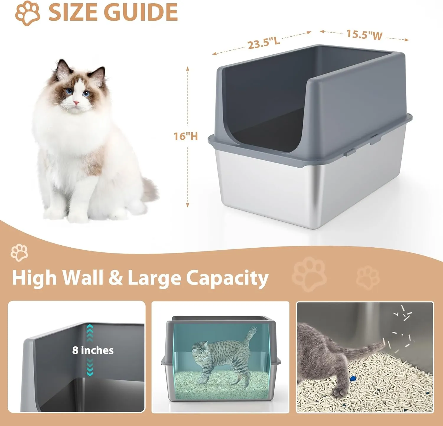 Litter Box with Lid, Large Stainless Steel Litter Box High Sides, 16" Metal Cat Litter Box, Extra Large Litter Boxes for Big Cats, Tall Cat Litter Pan, Cat Litter Tray Covered Grey, Easy Clean