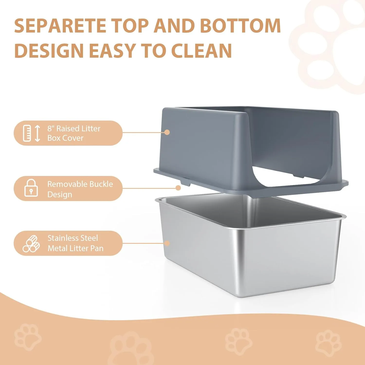 Litter Box with Lid, Large Stainless Steel Litter Box High Sides, 16" Metal Cat Litter Box, Extra Large Litter Boxes for Big Cats, Tall Cat Litter Pan, Cat Litter Tray Covered Grey, Easy Clean