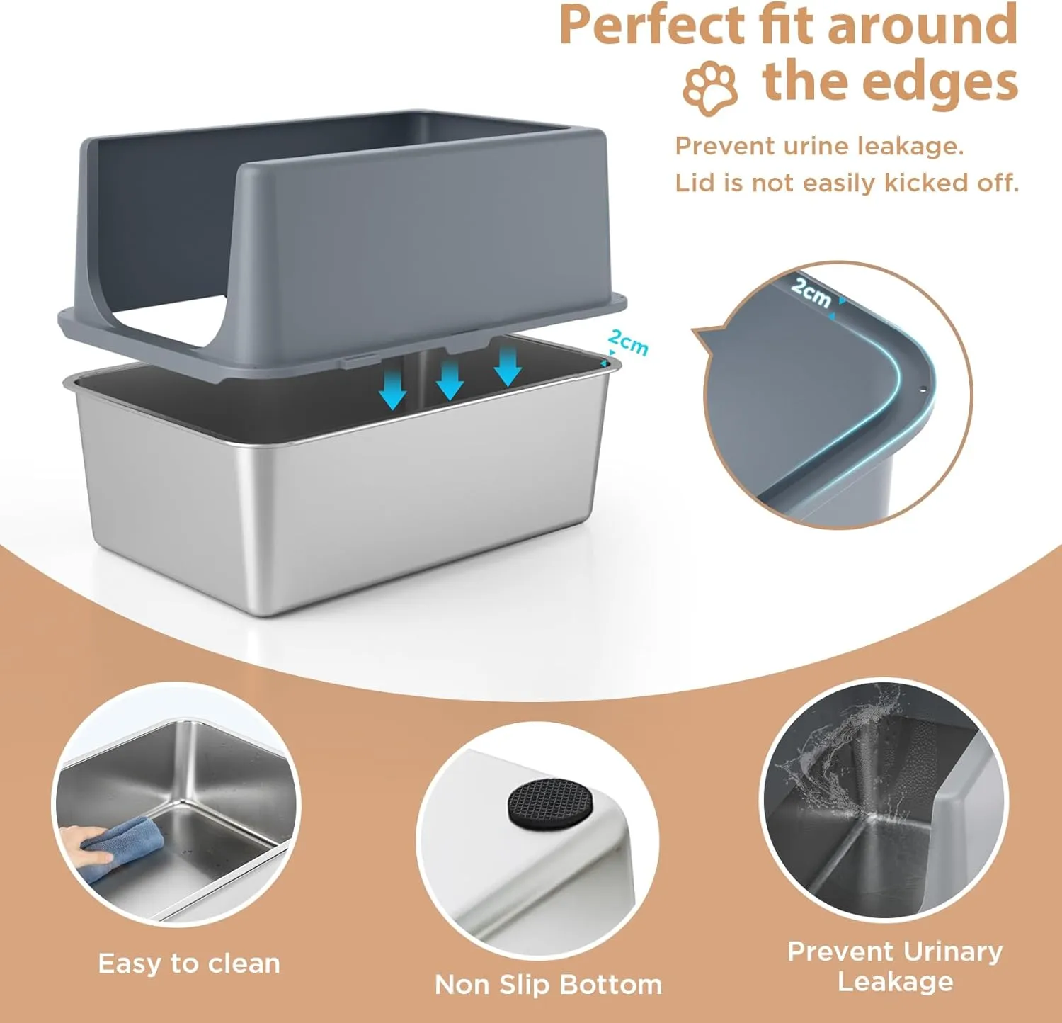 Litter Box with Lid, Large Stainless Steel Litter Box High Sides, 16" Metal Cat Litter Box, Extra Large Litter Boxes for Big Cats, Tall Cat Litter Pan, Cat Litter Tray Covered Grey, Easy Clean