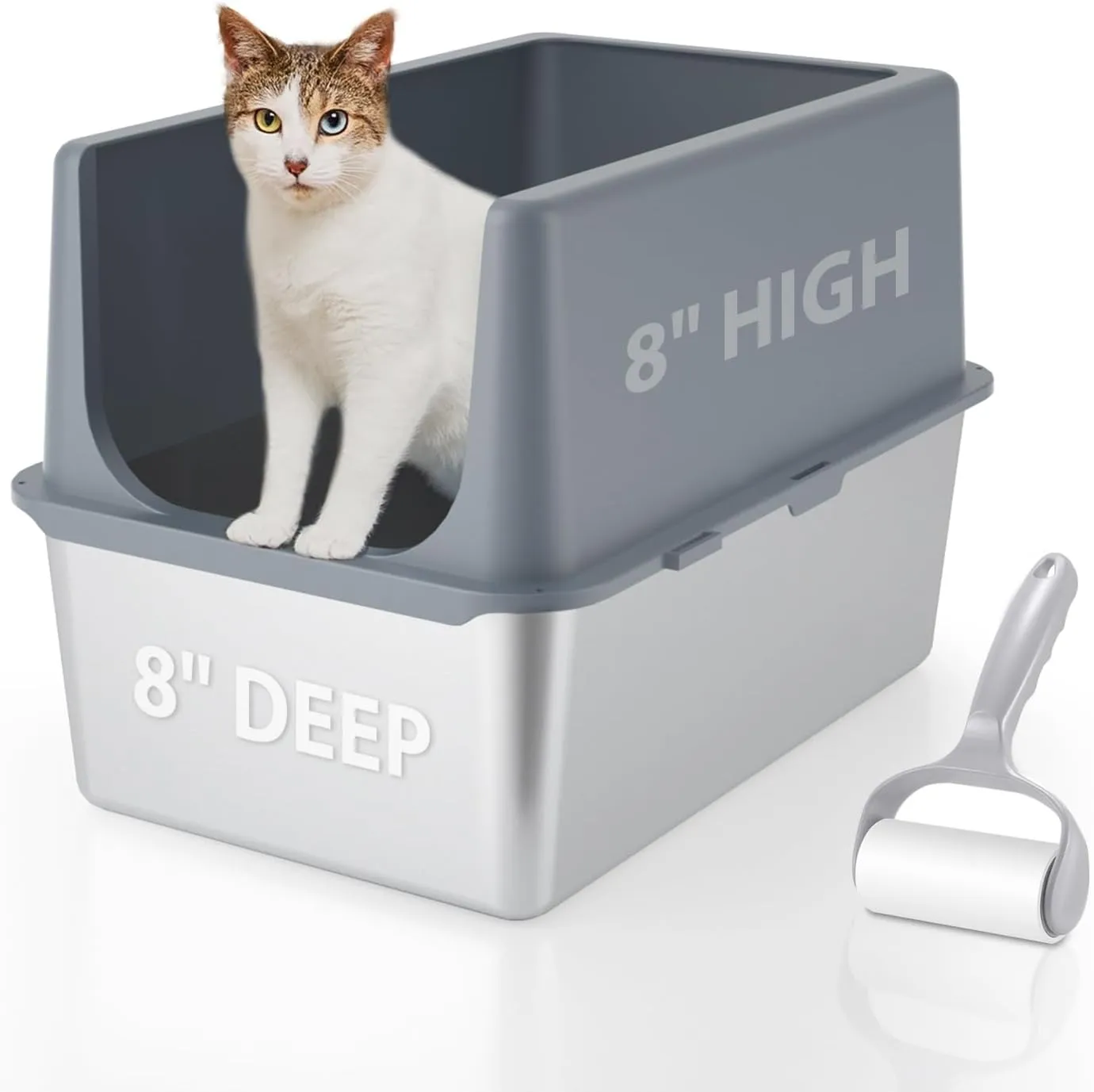 Litter Box with Lid, Large Stainless Steel Litter Box High Sides, 16" Metal Cat Litter Box, Extra Large Litter Boxes for Big Cats, Tall Cat Litter Pan, Cat Litter Tray Covered Grey, Easy Clean