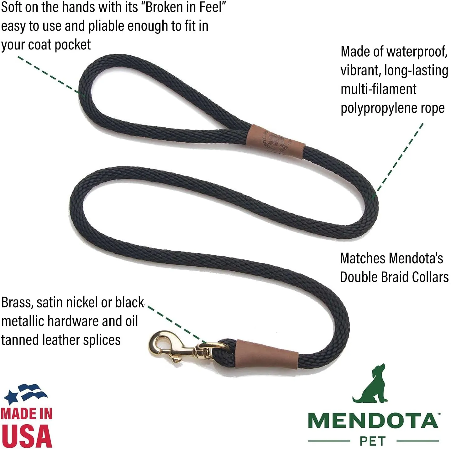 Mendota Pet Snap Leash - British-Style Braided Dog Lead, Made in The USA - Tan, 1/2 in x 6 ft - for Large Breeds