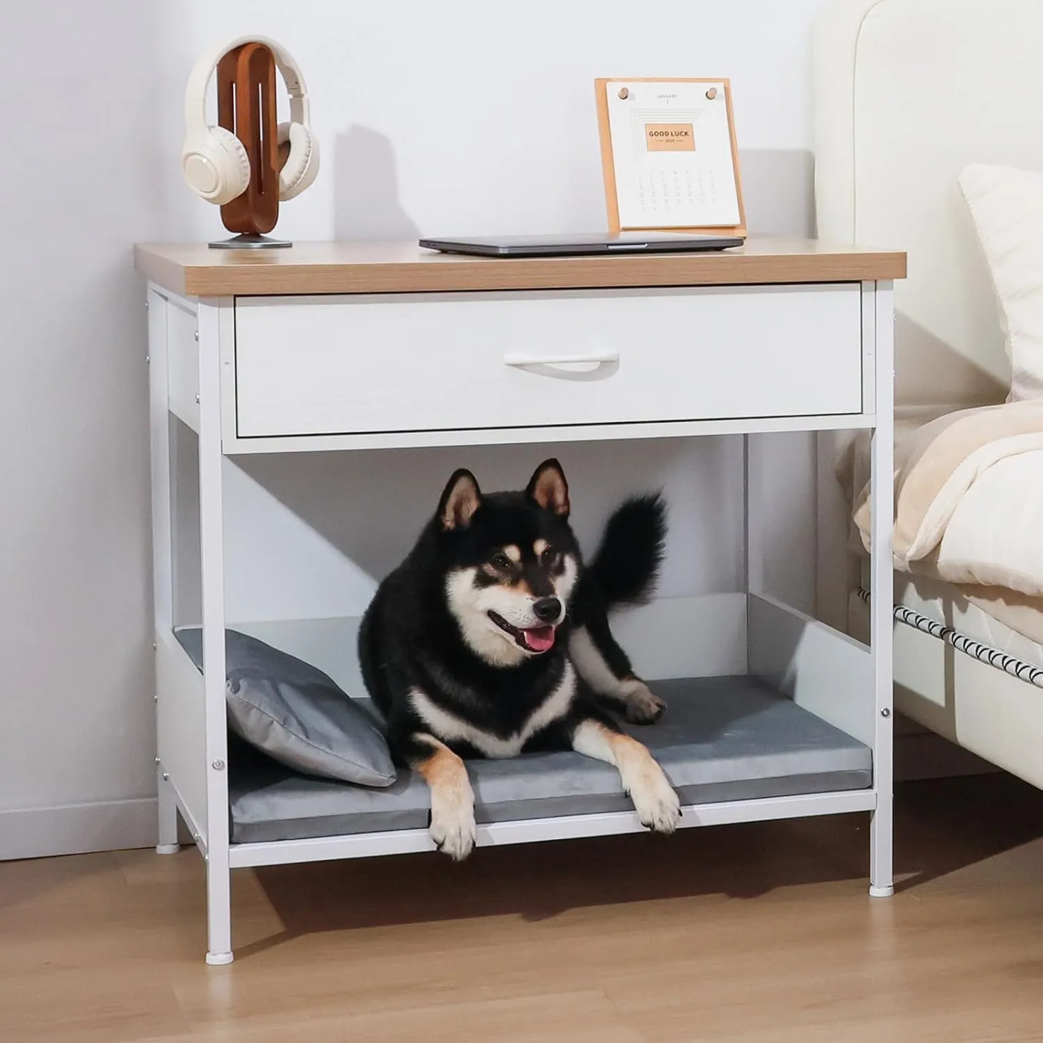 Modern Dog Bed End Table with Storage Drawer, Open Design Dog Crate Furniture, Removable Washable Multi-Functional Nightstand for Small Medium Dogs Indoor Use (White)