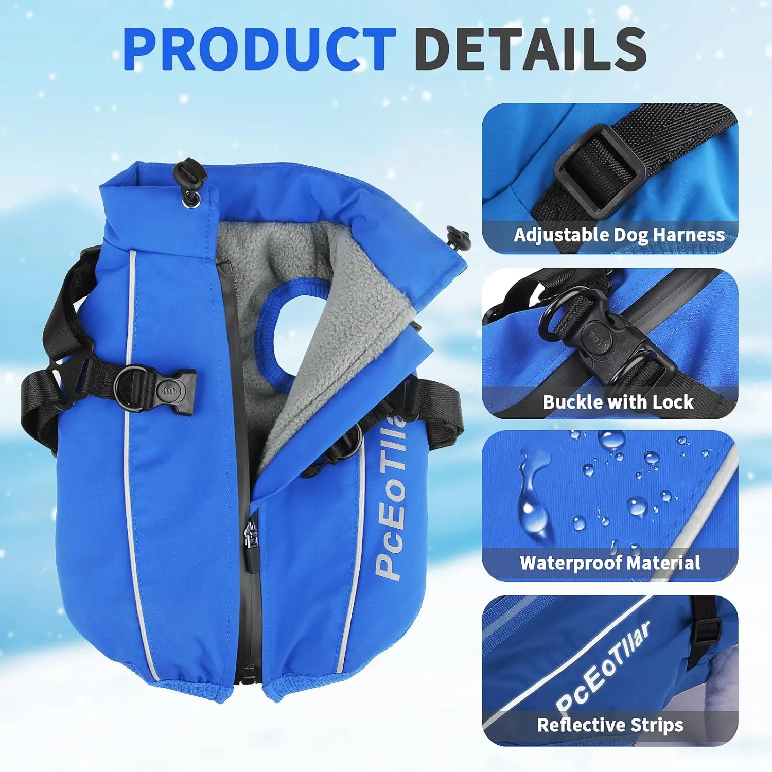 PcEoTllar Coat with Harness - Warm Winter Jacket, Waterproof Windproof Cold Weather Coat for Dogs, Reflective Snow Clothes with Zipper, Thick for Small Medium Large Dogs (Blue, M)