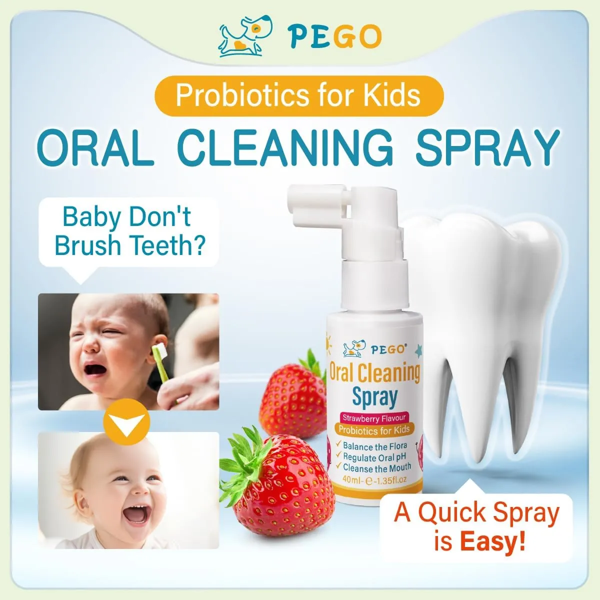 PEGO Kids Oral Spray, Toddler Toothpaste Helper for Cavity Prevention and Fresh Breath, Children Anticavity with Fluoride Free for Newborn to Preschoolers, Kid's Mouth Spray (40ml*1/Pcs)