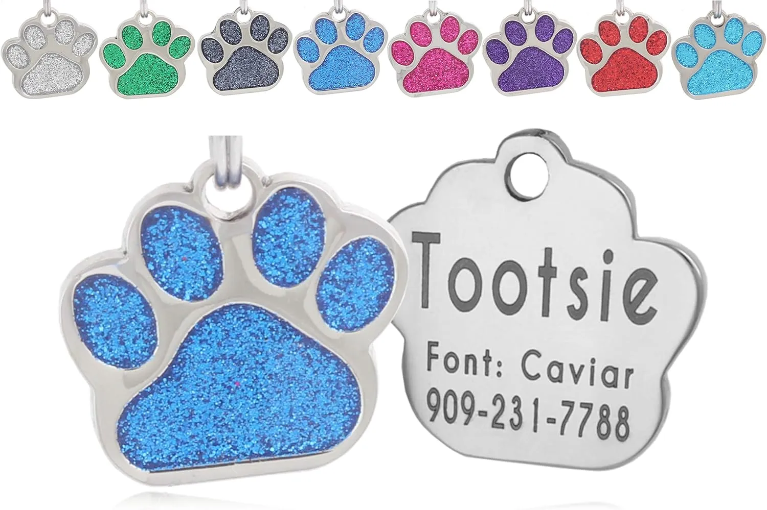 Pet ID Tags, Personalized Dog Tags and Cat Tags, Custom Engraved, Easy to Read, Cute Glitter Paw Pet Tag (Glitter Blue)