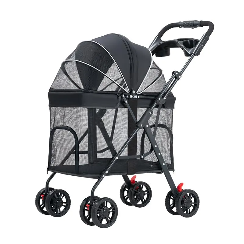 Pet Stroller, 4 Wheels Pet Strolling Cart for Medium/Small Dogs and Cats, Foldable Cat Jogger/Dog Stroller with Cup Holder, Storage Basket, Breathable Mesh, Pet Carrier, Black and Gray (black001)