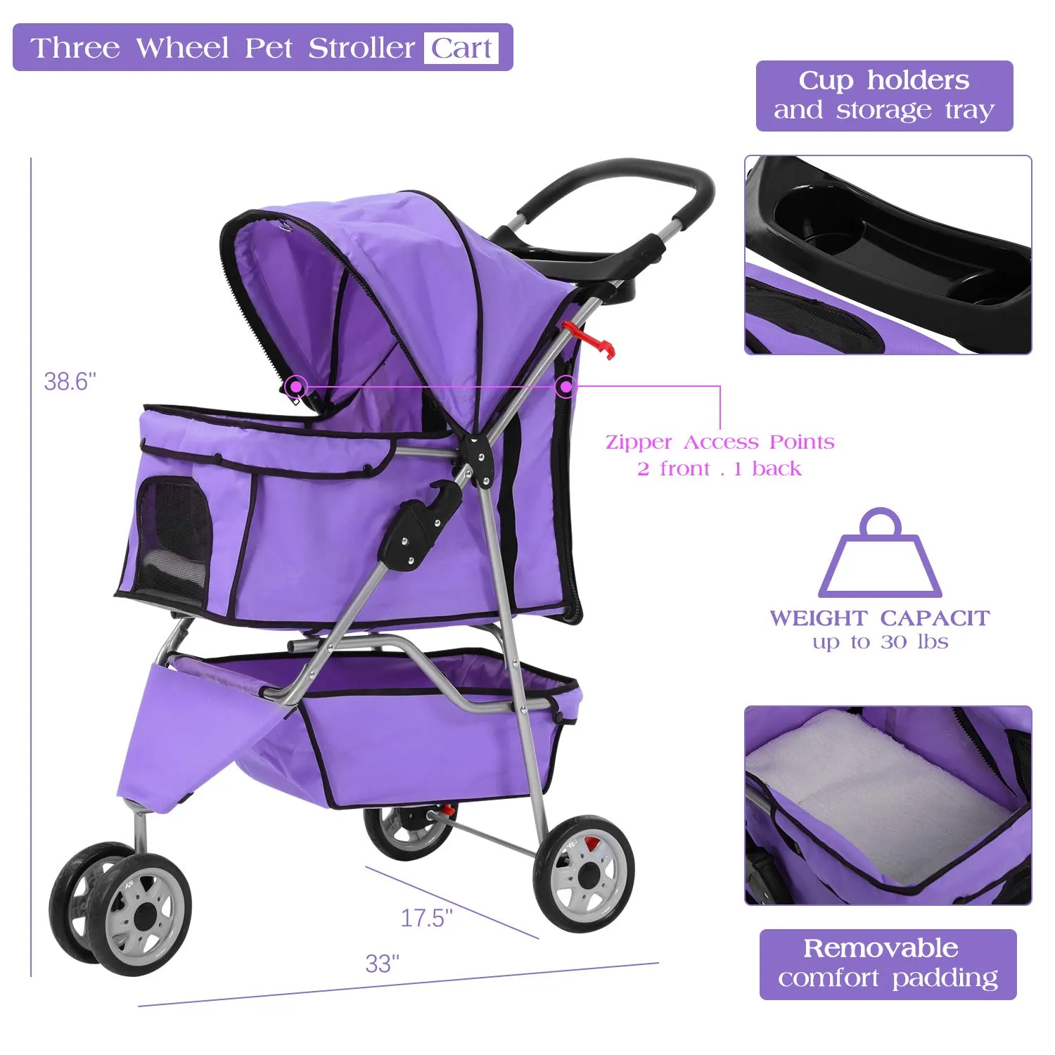 Pet Stroller Dog Stroller for Small Medium Dogs & Cats, 3 Wheel Folding Pet Travel Stoller Pet Jogger with Zipper Mesh Door and Storage Basket Easy Walk Pet Roadster for Puppy Animals- Purple