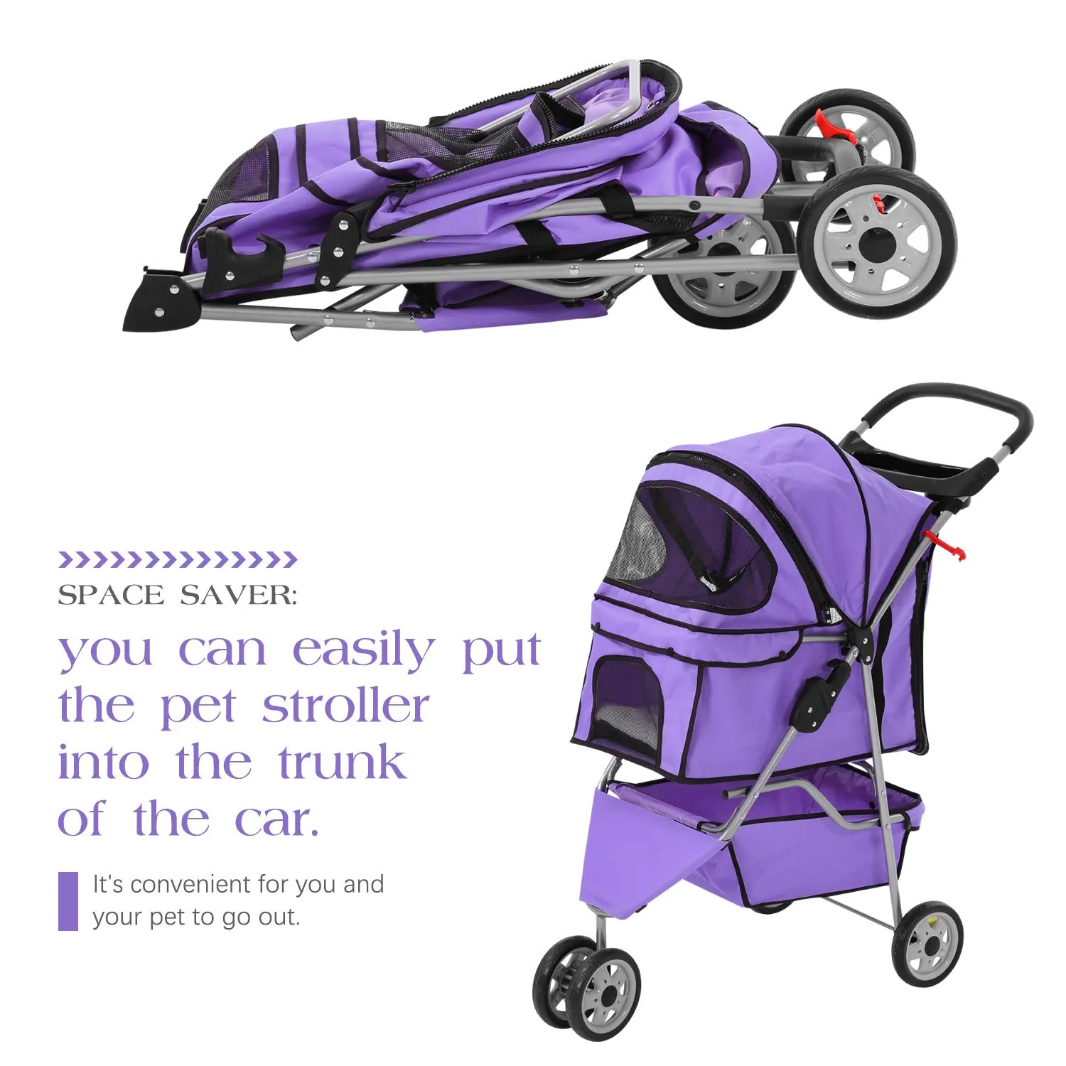 Pet Stroller Dog Stroller for Small Medium Dogs & Cats, 3 Wheel Folding Pet Travel Stoller Pet Jogger with Zipper Mesh Door and Storage Basket Easy Walk Pet Roadster for Puppy Animals- Purple