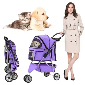 Pet Stroller Dog Stroller for Small Medium Dogs & Cats, 3 Wheel Folding Pet Travel Stoller Pet Jogger with Zipper Mesh Door and Storage Basket Easy Walk Pet Roadster for Puppy Animals- Purple