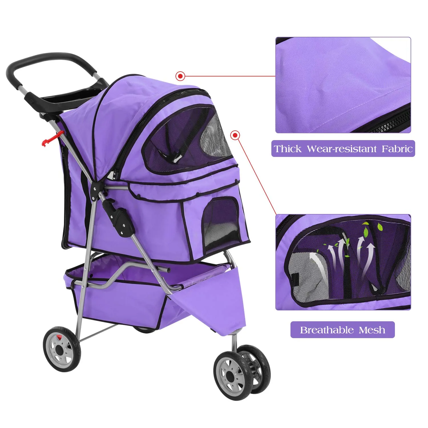Pet Stroller Dog Stroller for Small Medium Dogs & Cats, 3 Wheel Folding Pet Travel Stoller Pet Jogger with Zipper Mesh Door and Storage Basket Easy Walk Pet Roadster for Puppy Animals- Purple