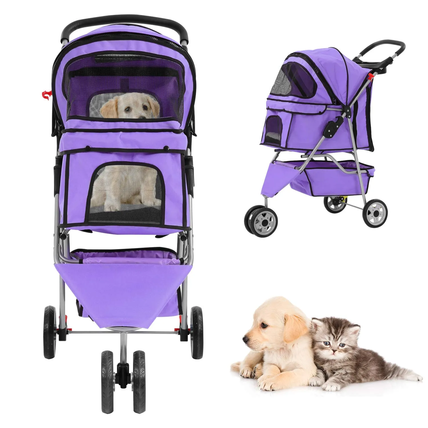 Pet Stroller Dog Stroller for Small Medium Dogs & Cats, 3 Wheel Folding Pet Travel Stoller Pet Jogger with Zipper Mesh Door and Storage Basket Easy Walk Pet Roadster for Puppy Animals- Purple
