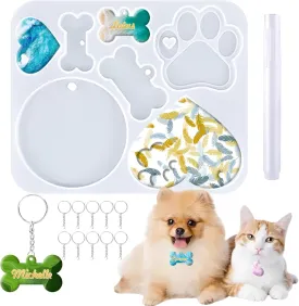 Pet Tag Resin Mold, Collar Tags Dog Bone Dog Paw Round Shaped Keychain Mold, Pet ID Tag Epoxy Silicone Casting Molds with 6Pcs Key Rings, DIY Making Handmade Tag Charm Pendant