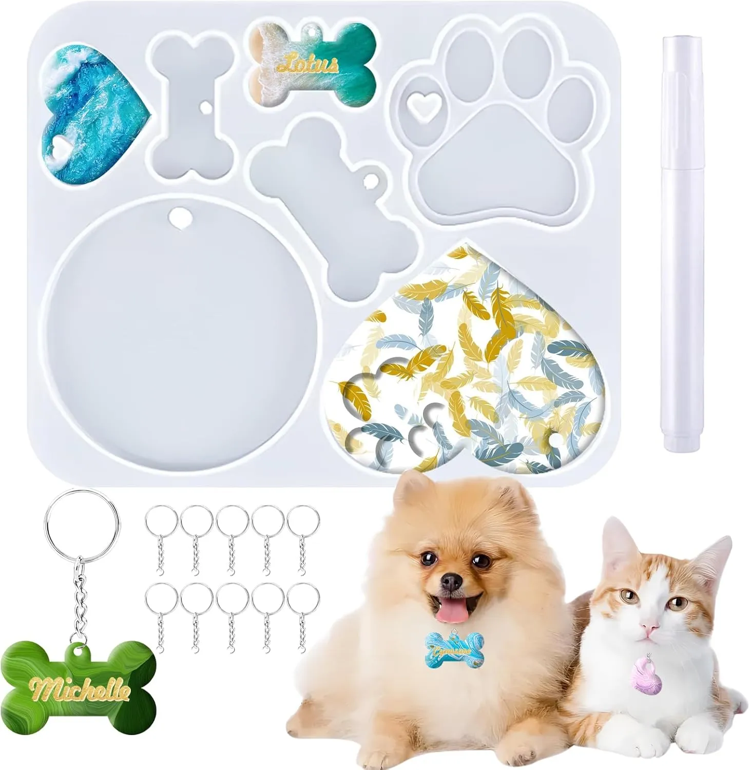 Pet Tag Resin Mold, Collar Tags Dog Bone Dog Paw Round Shaped Keychain Mold, Pet ID Tag Epoxy Silicone Casting Molds with 6Pcs Key Rings, DIY Making Handmade Tag Charm Pendant