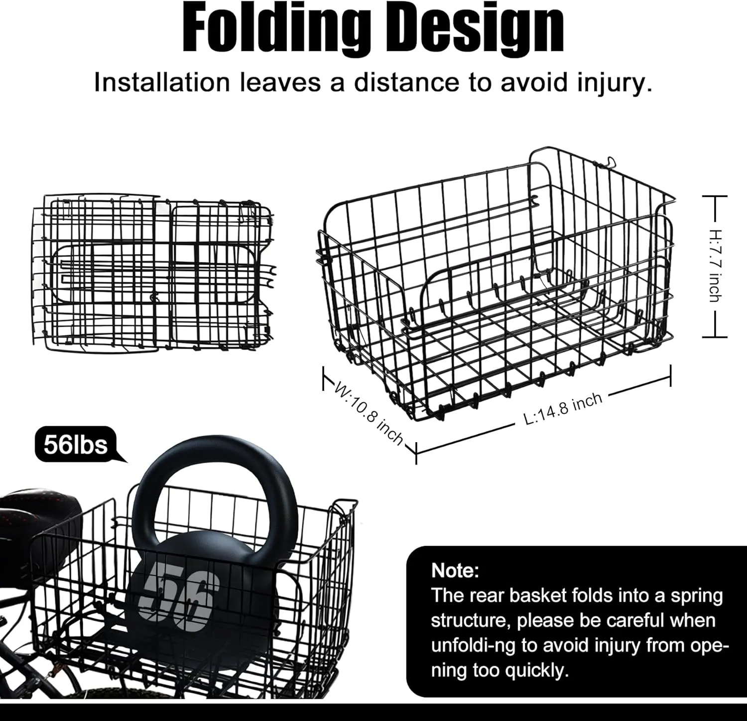 Rear/Front Bike Basket, Folding Large Bike Basket Rear/Front with Reflective Light, Foldable Metal Wire Bicycle Baskets for Adult Women/Men