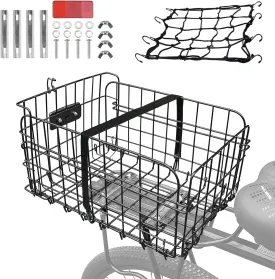 Rear/Front Bike Basket, Folding Large Bike Basket Rear/Front with Reflective Light, Foldable Metal Wire Bicycle Baskets for Adult Women/Men