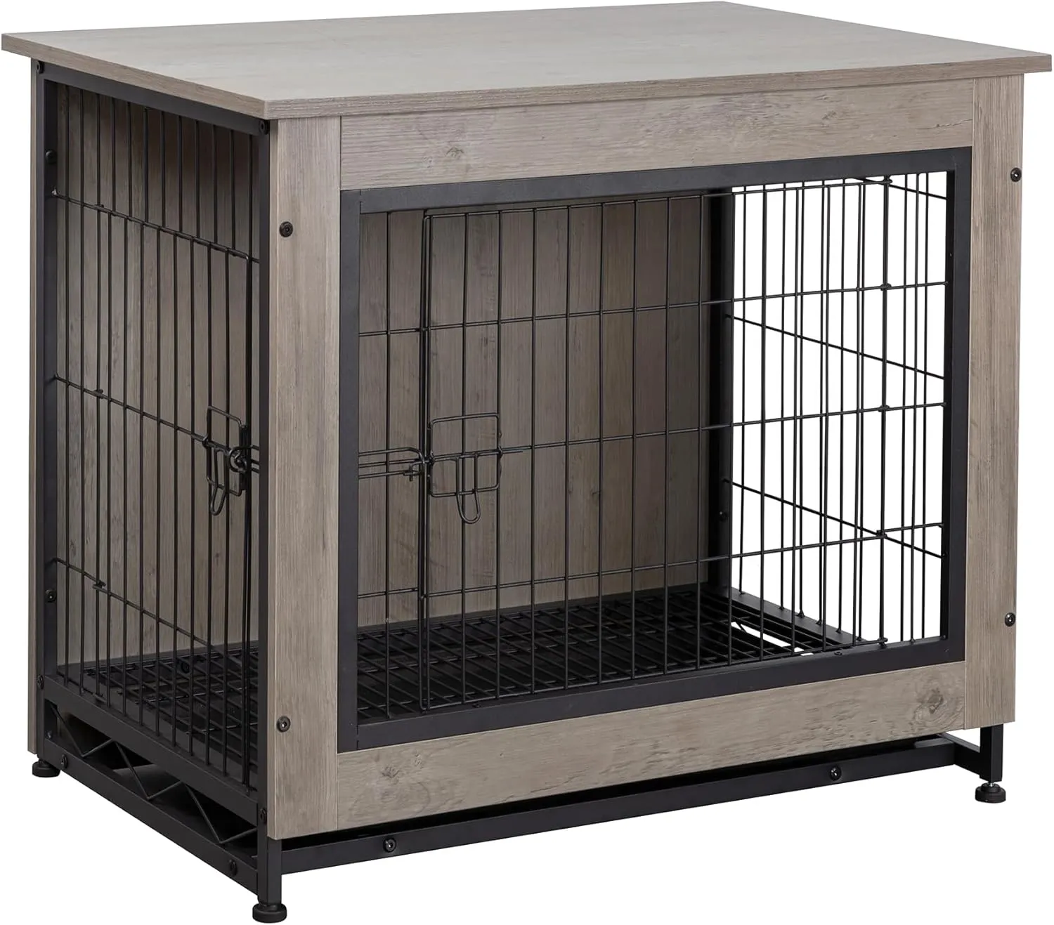 Shintenchi Dog Crate Furniture, Double-Doors Kennel Indoor with Removable Tray, End Table Dog House for Small Breed, 27.2" L, Grey