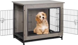 Shintenchi Dog Crate Furniture, Double-Doors Kennel Indoor with Removable Tray, End Table Dog House for Small Breed, 27.2" L, Grey
