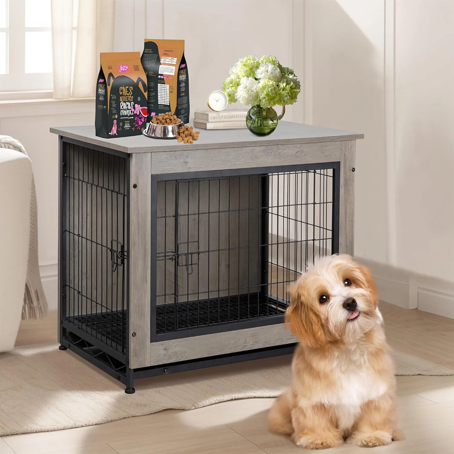 Shintenchi Dog Crate Furniture, Double-Doors Kennel Indoor with Removable Tray, End Table Dog House for Small Breed, 27.2" L, Grey