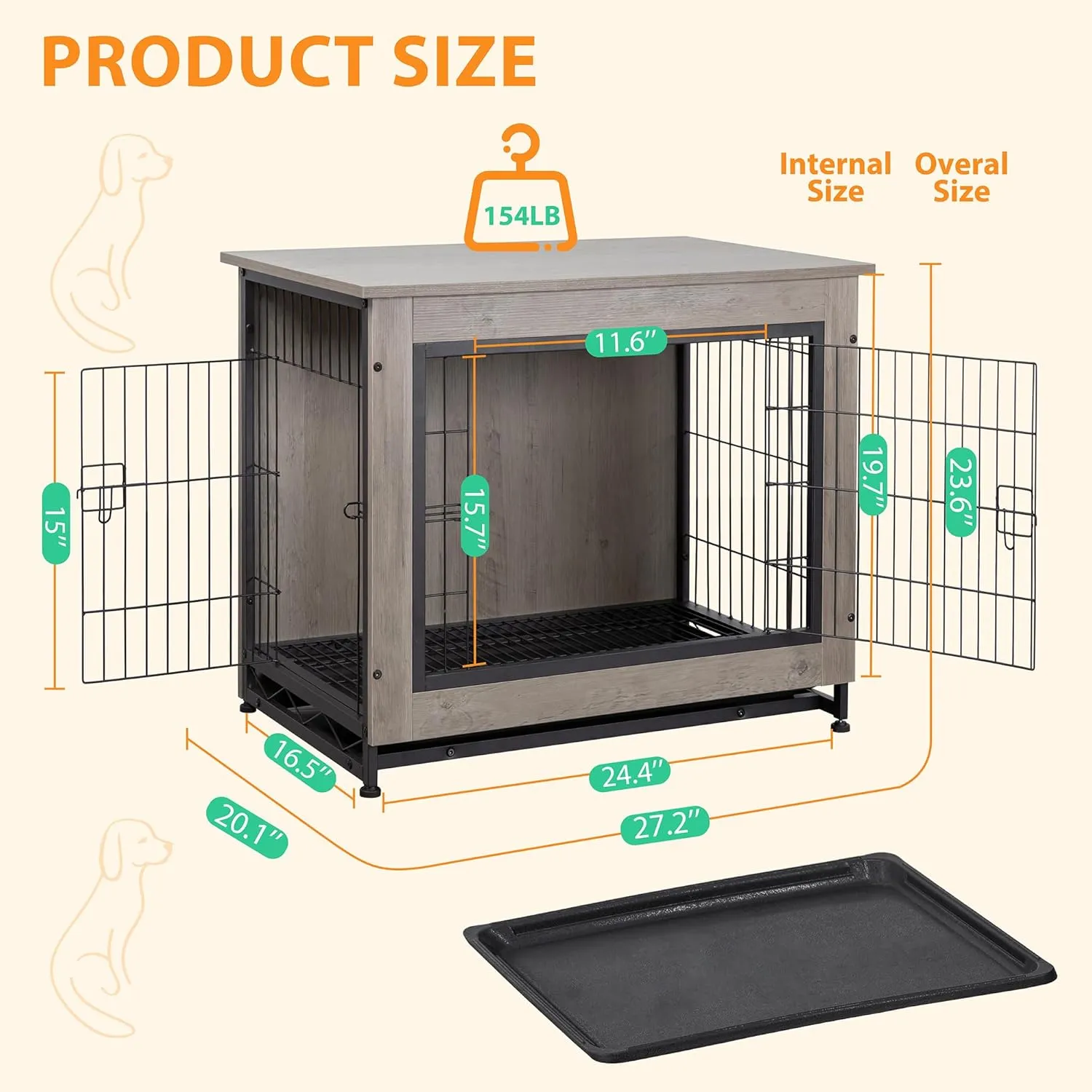 Shintenchi Dog Crate Furniture, Double-Doors Kennel Indoor with Removable Tray, End Table Dog House for Small Breed, 27.2" L, Grey