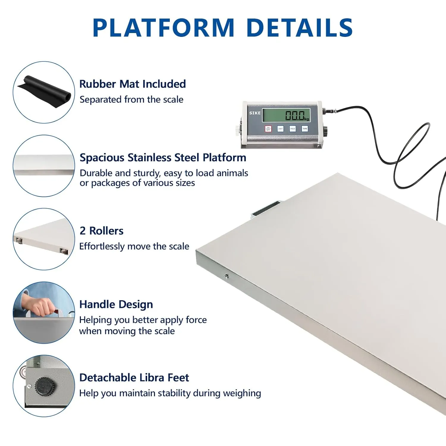 SIKE Professional Veterinary Floor Scale 660 lb300kg x 0.1kg 36" x 22" Platform, Stainless Steel, Heavy Duty, Powered by 4 x AAA Batteries or AC Adapter, Digital Pet Scale