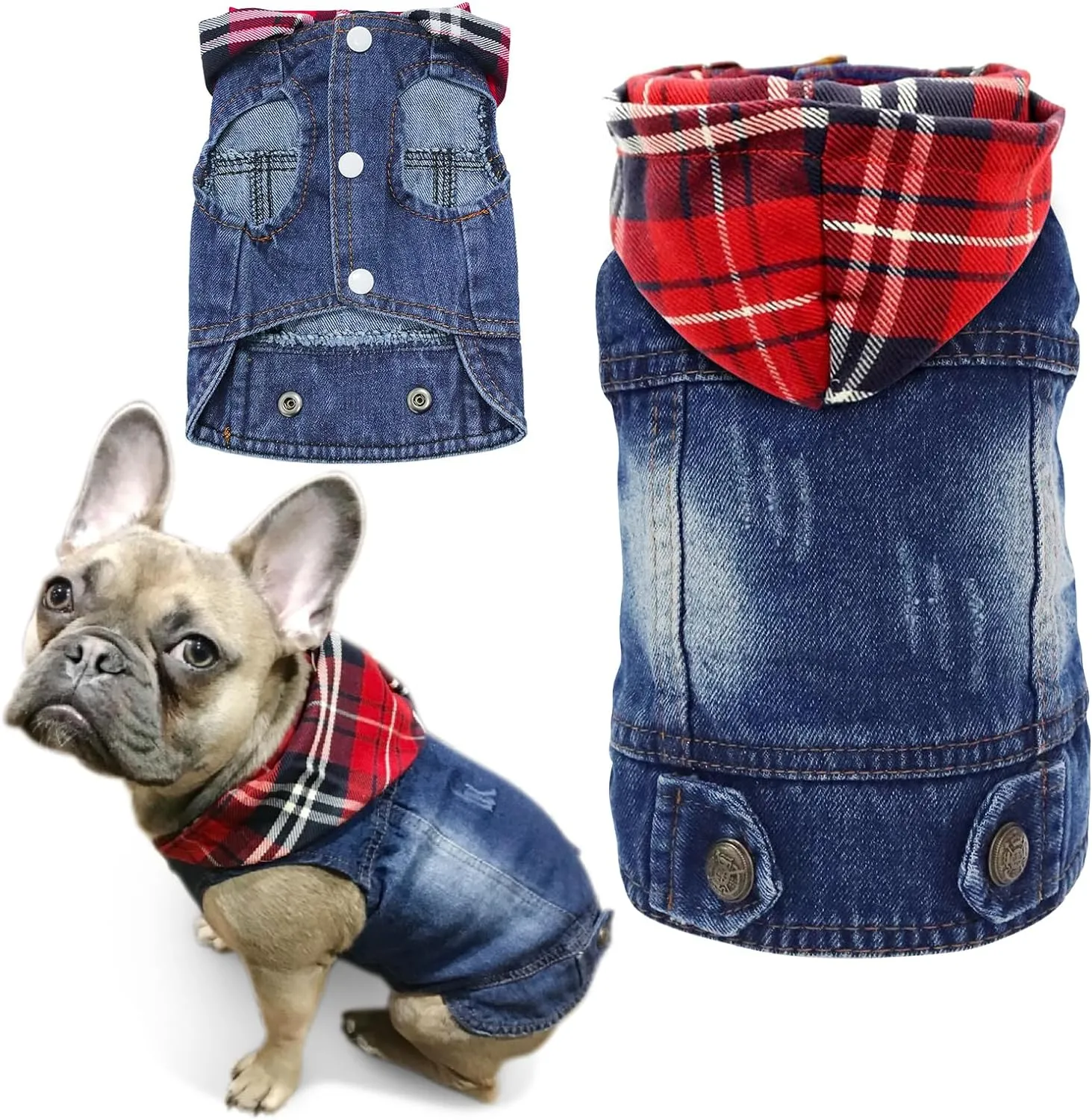 SILD Pet Clothes Dog Jeans Jacket Cool Blue Denim Coat Small Medium Dogs Lapel Vests Classic Hoodies Puppy Blue Vintage Washed Clothes (Plaid Hat,M)
