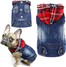 SILD Pet Clothes Dog Jeans Jacket Cool Blue Denim Coat Small Medium Dogs Lapel Vests Classic Hoodies Puppy Blue Vintage Washed Clothes (Plaid Hat,M)