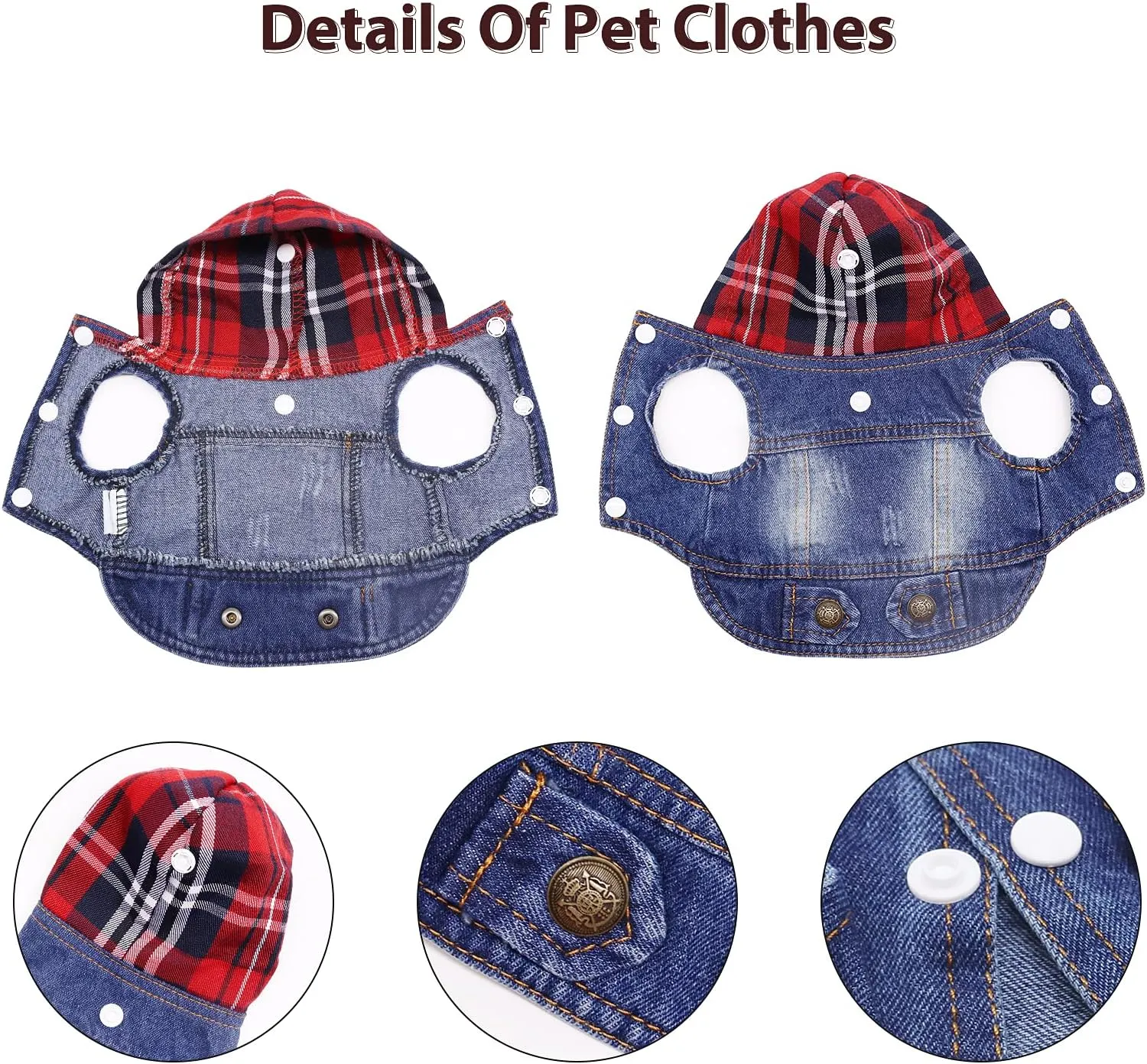 SILD Pet Clothes Dog Jeans Jacket Cool Blue Denim Coat Small Medium Dogs Lapel Vests Classic Hoodies Puppy Blue Vintage Washed Clothes (Plaid Hat,M)