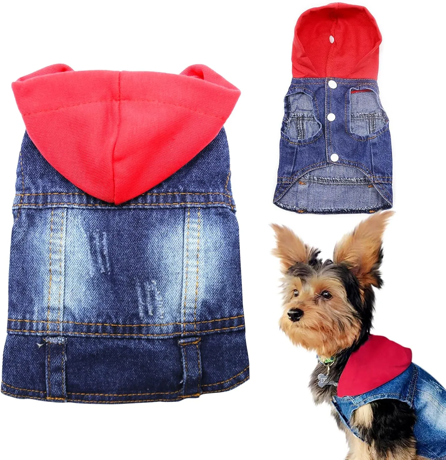 SILD Pet Clothes Dog Jeans Jacket Cool Blue Denim Coat Small Medium Dogs Lapel Vests Classic Hoodies Puppy Blue Vintage Washed Clothes (Red,XS)