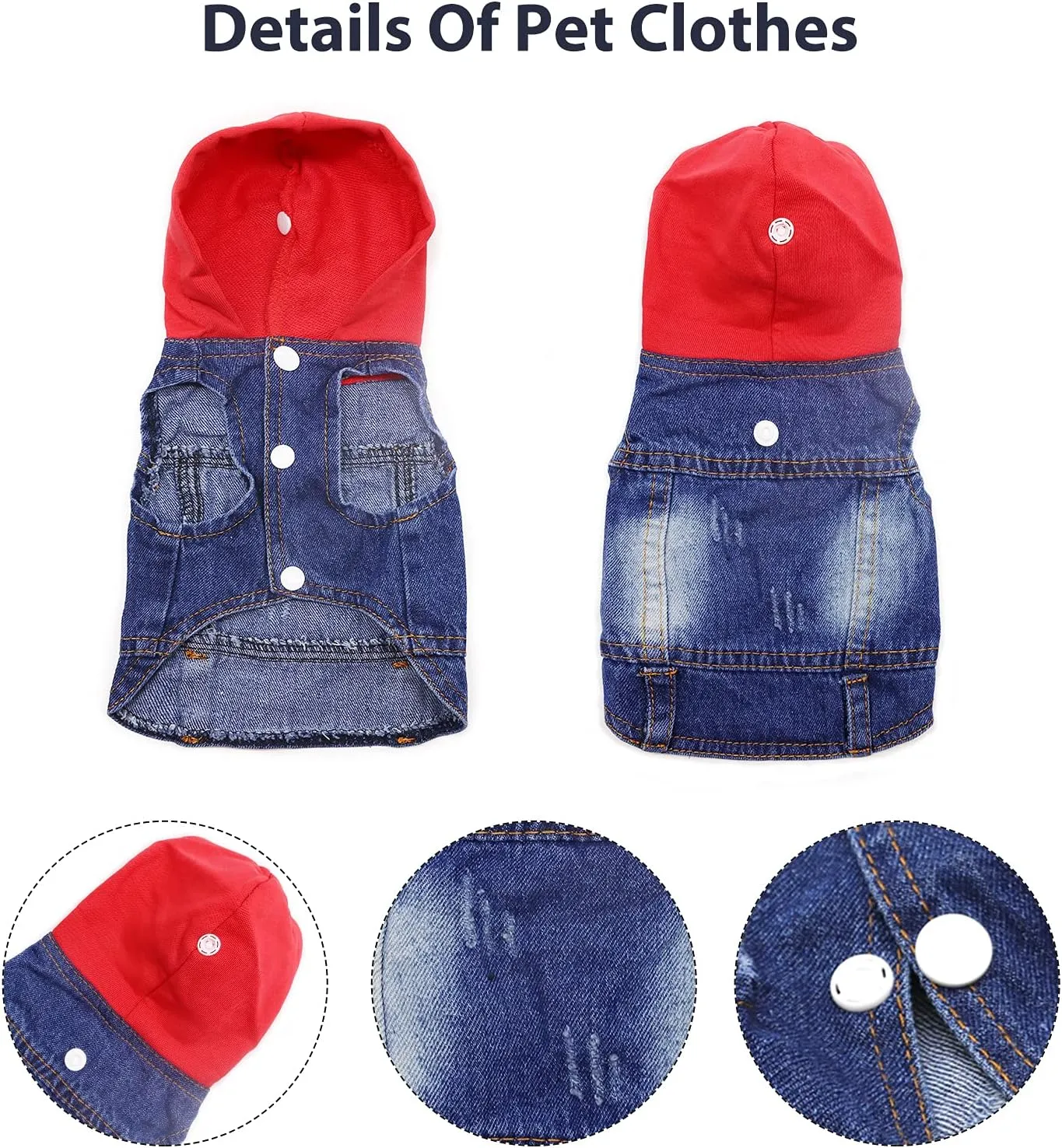 SILD Pet Clothes Dog Jeans Jacket Cool Blue Denim Coat Small Medium Dogs Lapel Vests Classic Hoodies Puppy Blue Vintage Washed Clothes (Red,XS)