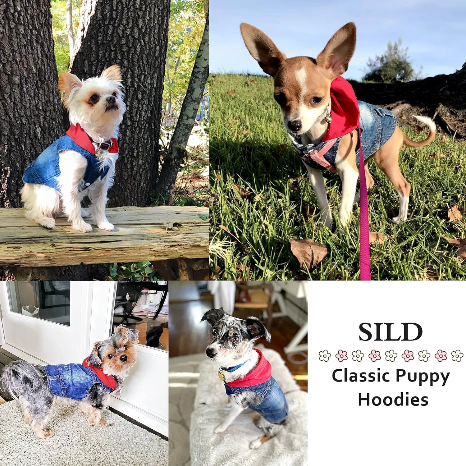 SILD Pet Clothes Dog Jeans Jacket Cool Blue Denim Coat Small Medium Dogs Lapel Vests Classic Hoodies Puppy Blue Vintage Washed Clothes (Red,XS)